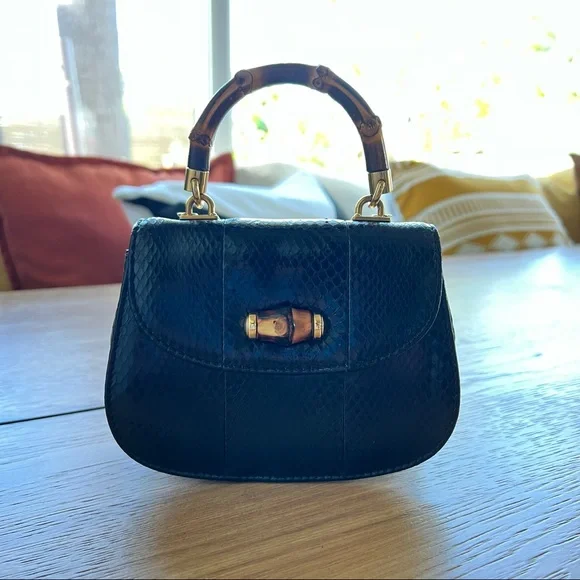 Gucci | Vintage 1947 Bamboo Mini Black Python Crossbody Two Way Chain Bag - Picture 4 of 17